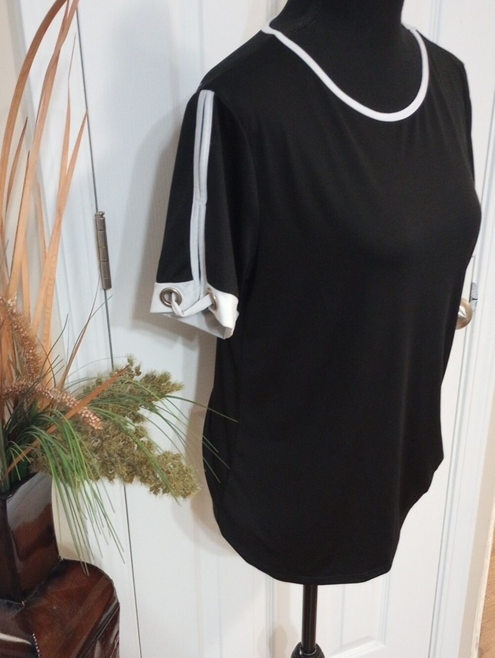 Black Short Sleeve Crewneck Top with White Trim